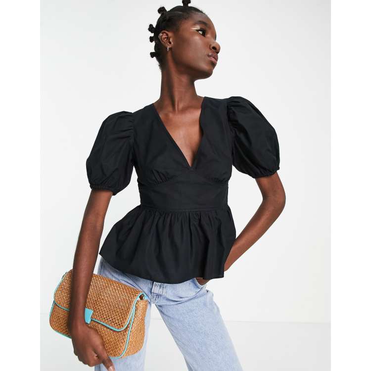 Topshop peplum poplin sleeve blouse in black | ASOS