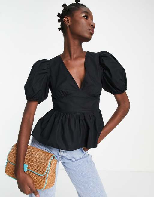 Topshop peplum poplin puff sleeve blouse in black ASOS