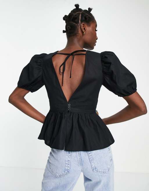 Topshop peplum poplin puff sleeve blouse in black ASOS