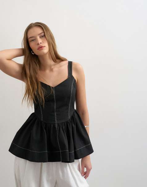 Topshop peplum stitch detail cami in black - view 1