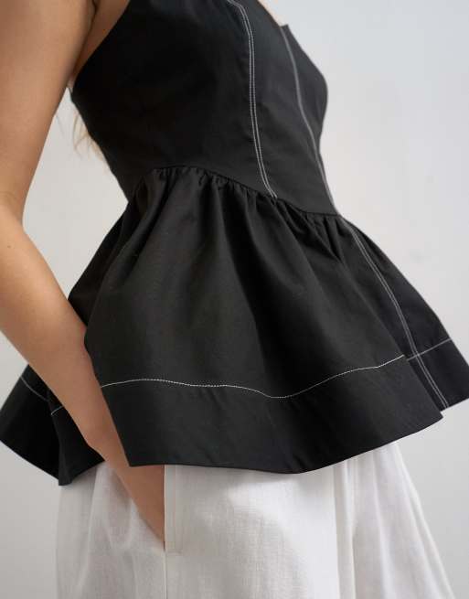 Topshop peplum stitch detailing cami top in black, 3 of 4