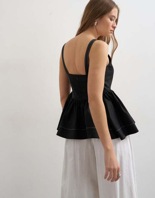 Topshop peplum stitch detailing cami top in black, 4 of 4