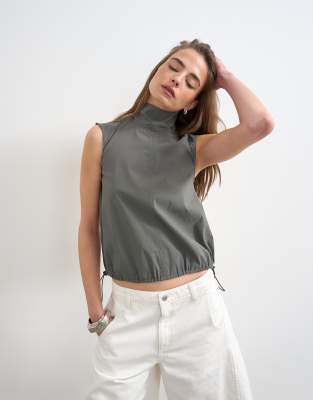 Topshop Performance Fabric Funnel Neck Drawstring Hem Top In Gray