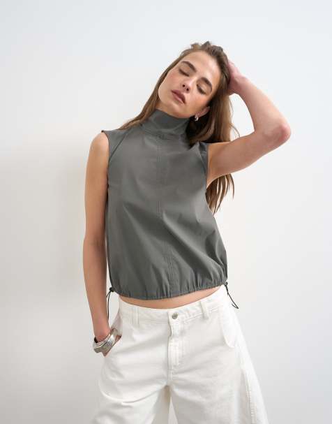 Topshop performance fabric funnel neck drawstring hem top in slate - view 1