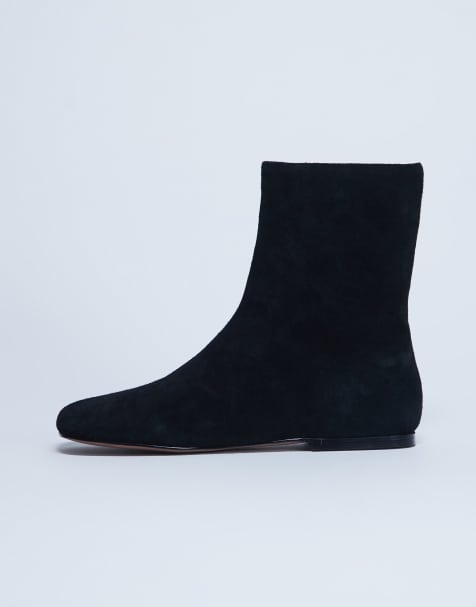 Topshop Peri real suede flat square toe boots in black - view 1