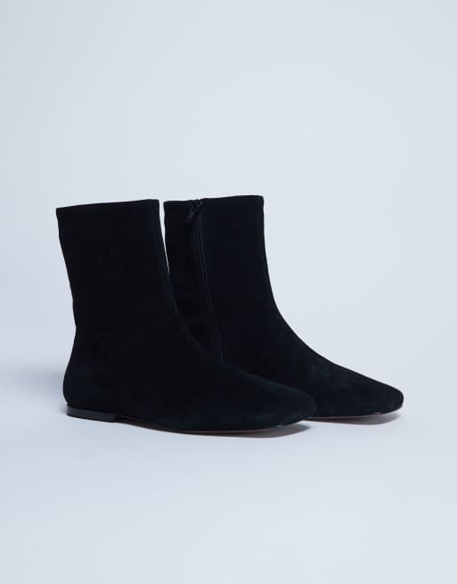 Topshop - Peri - Sorte flade støvler med firkantet tå i ægte ruskind, 2 af 4