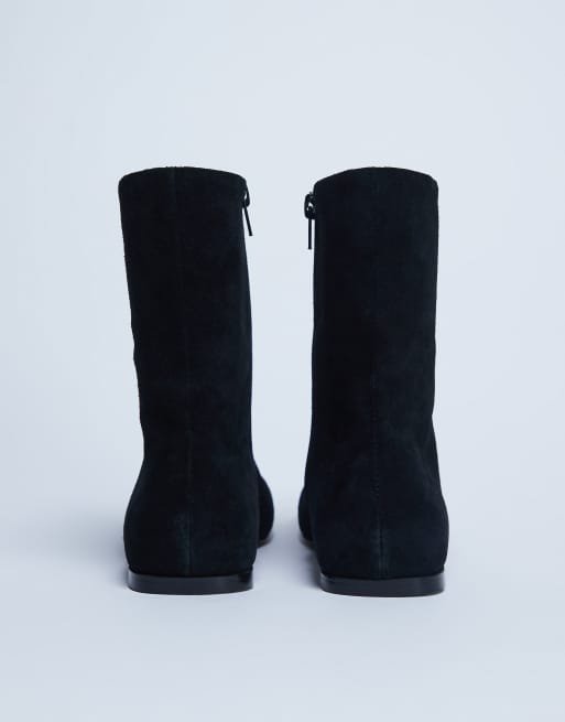 Topshop - Peri - Sorte flade støvler med firkantet tå i ægte ruskind, 3 af 4