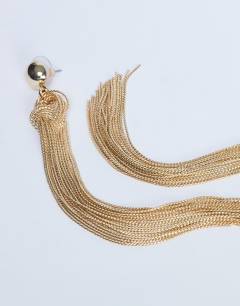 Model wearing Perl tassel earrings in gold