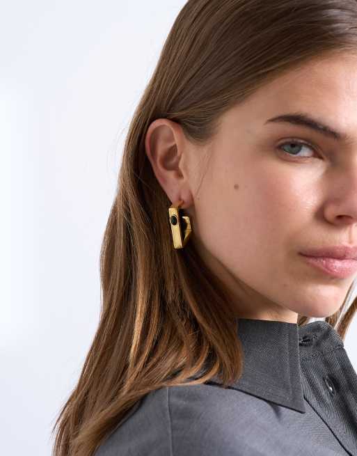 Topshop – Perry – Kwadratowe kolczyki-koła ze stali nierdzewnej w odcieniu złota z czarnymi kamieniami