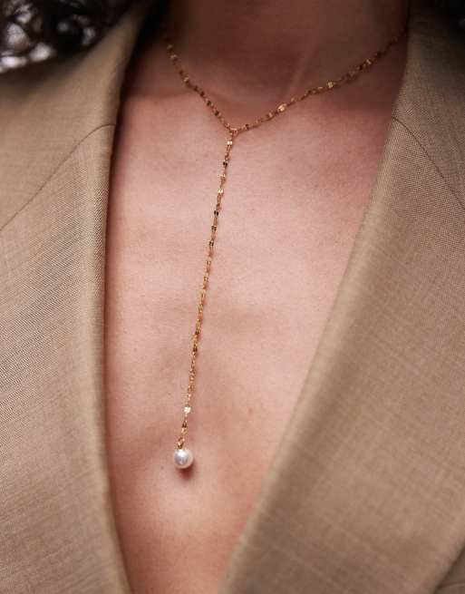 Topshop Perry stainless steel lariat necklace with pearl in gold tone
