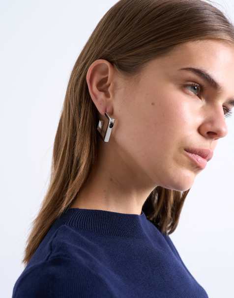 Topshop Perry waterproof stainless steel square hoop earrings in silver & black stone - view 1