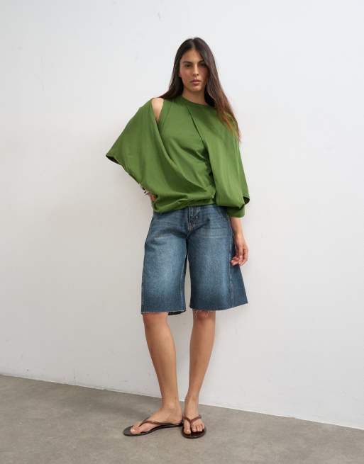 Topshop – Pestogrön, draperad t-shirt med capedetalj, 2 av 4
