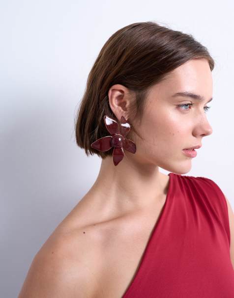 Topshop petal flower earrings in burgundy - view 1