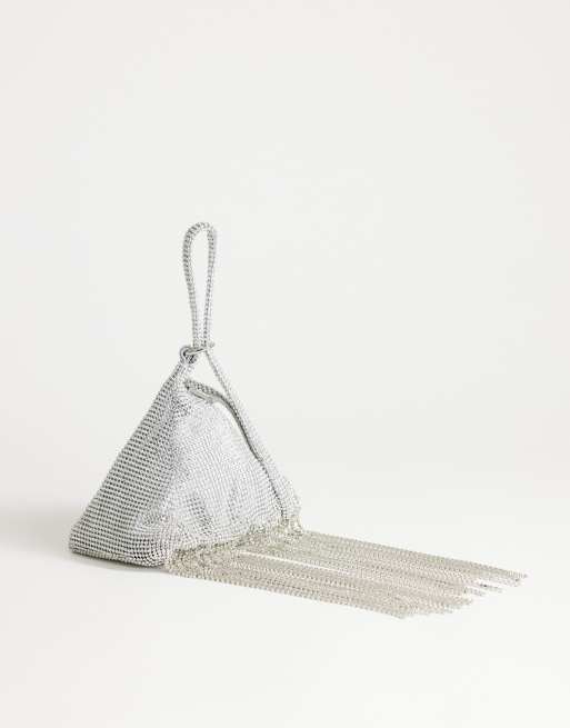 Topshop petit sac à main triangle orné de strass avec pompons en argent, 3 de 4