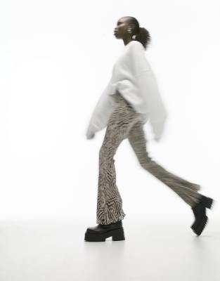 Topshop Petite Abstract Leopard Print Plisse Flare Pants In Multi