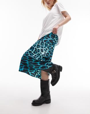 Topshop Petite - Asymmetrischer Maxirock in Türkis mit Animalprint-Blau