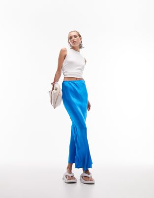 Topshop Petite - Asymmetrischer Satin-Maxirock in Blau