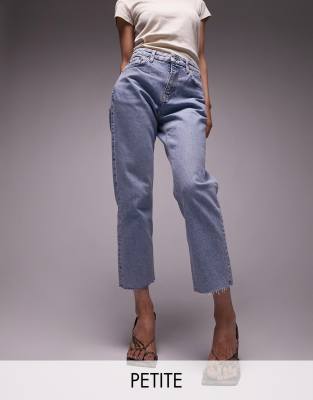 Topshop Petite - Ausgeblichene Straight Jeans mit unversäubertem Saum-Blau