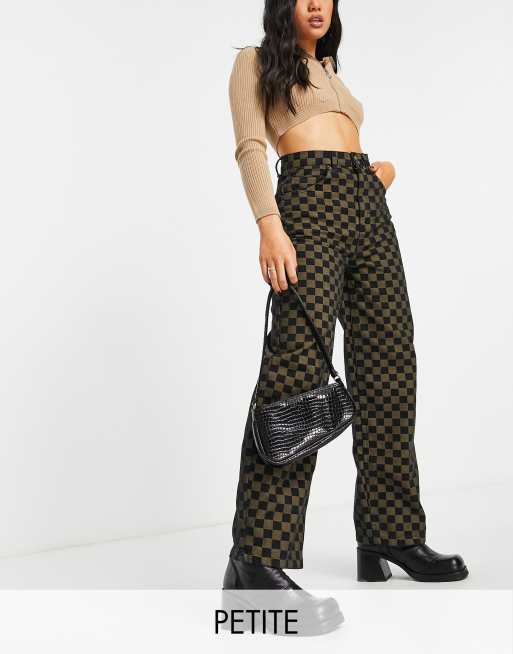 Topshop Petite - Baggy jeans met dambordmotief in kaki