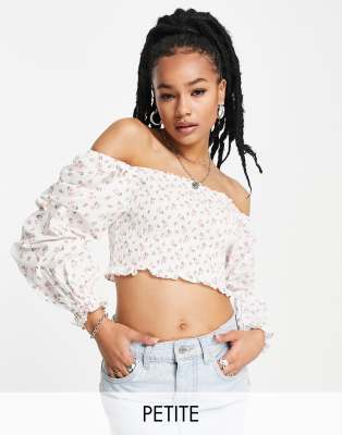 Topshop Petite Topshop Petite bardot shirred crop top in white floral