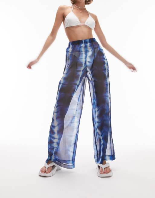 Topshop Petite batik print chiffon beach pants in blue