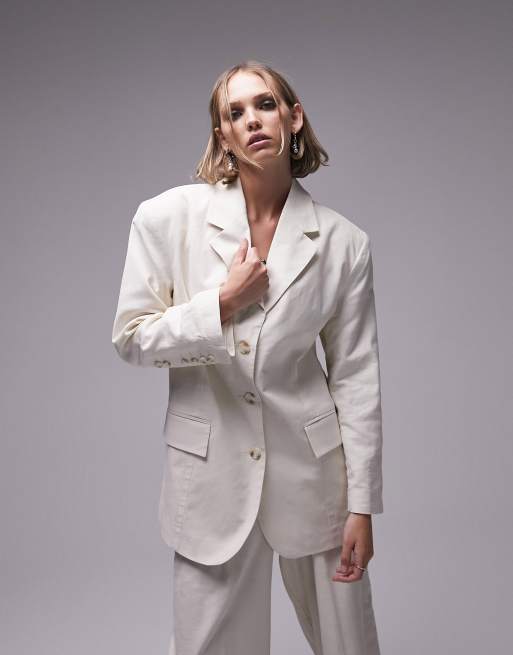 Topshop Petite – Beige, enkelknäppt kavaj i linnemix, del av set