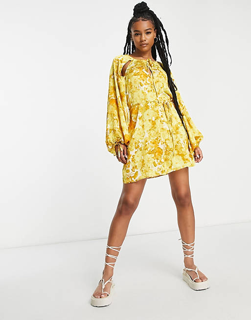 Topshop Petite bell sleeve cut out mini dress in yellow watercolor print