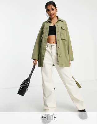 Topshop Petite belted utility lightweight shirt jacket in khaki