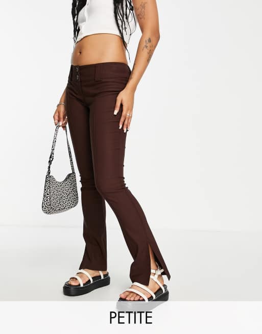 Topshop Petite bengaline double button low rise flare pants in chocolate