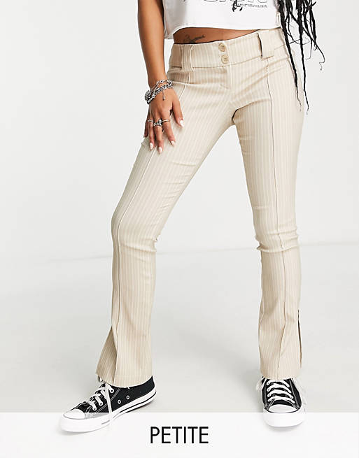Topshop Petite bengaline double button pinstripe print low rise flare pants  in sand