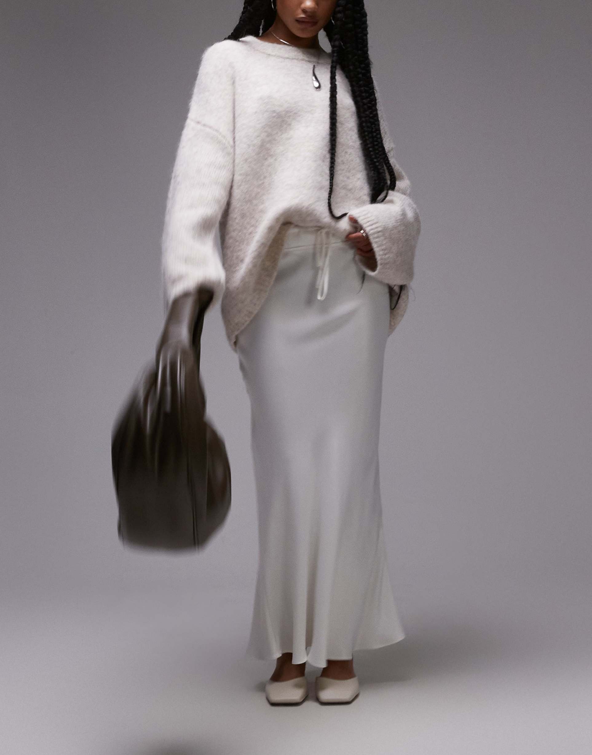 topshop petite bias skirt with drawstring waist panel in ivory