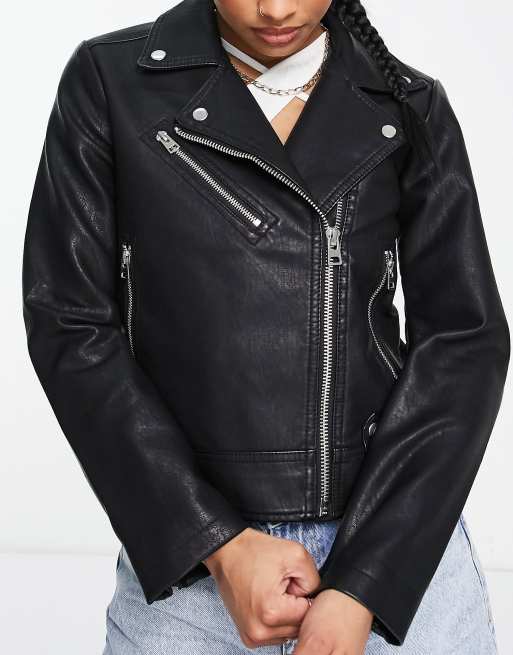 Topshop Petite - Bikerjakke i sort imiteret læder, 3 af 4