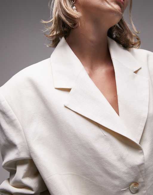 Topshop Petite - Blazer d'ensemble en lin mélangé à boutonnage simple - Grège, 3 de 4