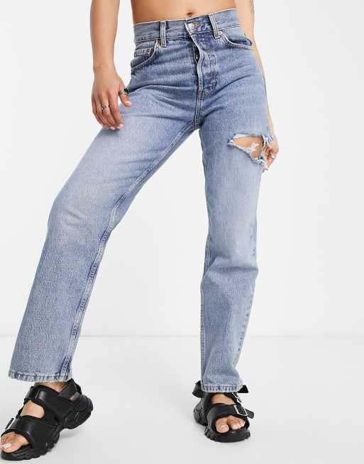 Topshop Petite – Blekta dad jeans med reva i sidan, 4 av 4