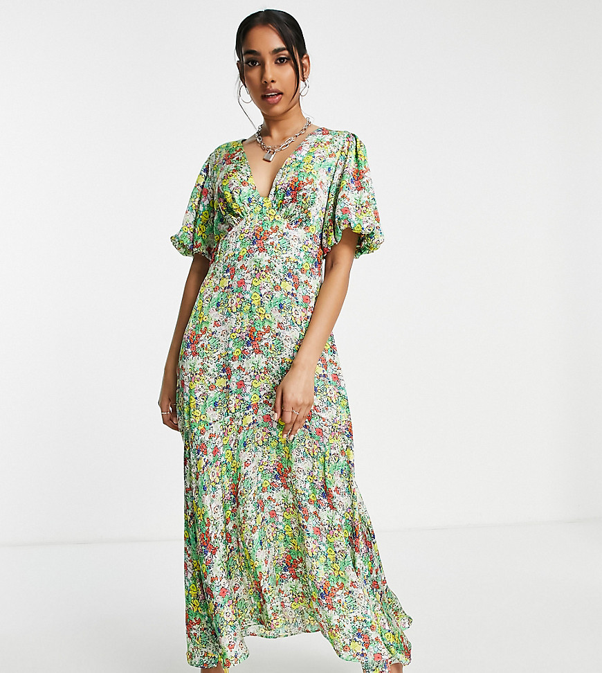Topshop Petite Blend Sketch Floral Midaxi Dress In Green Print - Mgreen