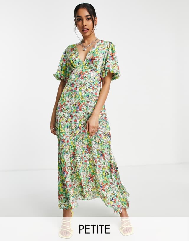 Topshop Petite blend sketch floral midaxi dress in green print - MGREEN