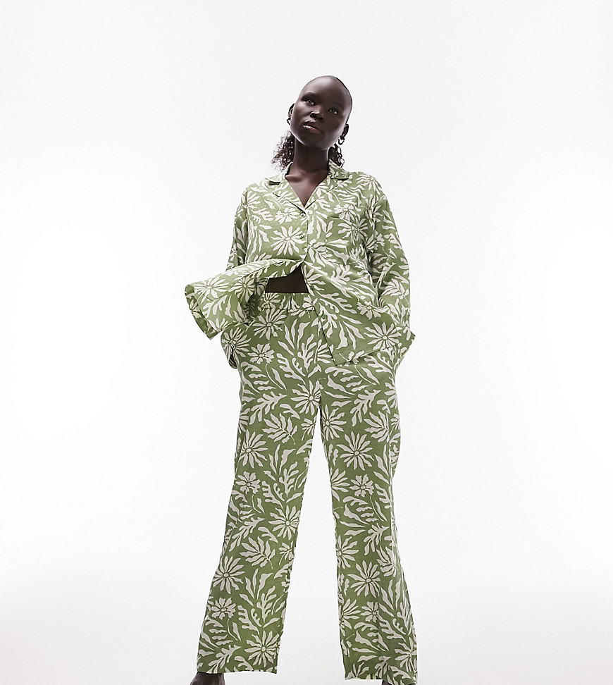 Topshop Petite block floral print shirt and trouser pyjama set in green-Multi