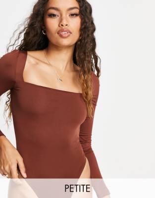 Topshop Petite - Body color cioccolato con maniche a sbuffo