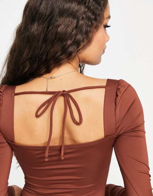 Topshop Petite - Body color cioccolato con maniche a sbuffo, 3 di 4