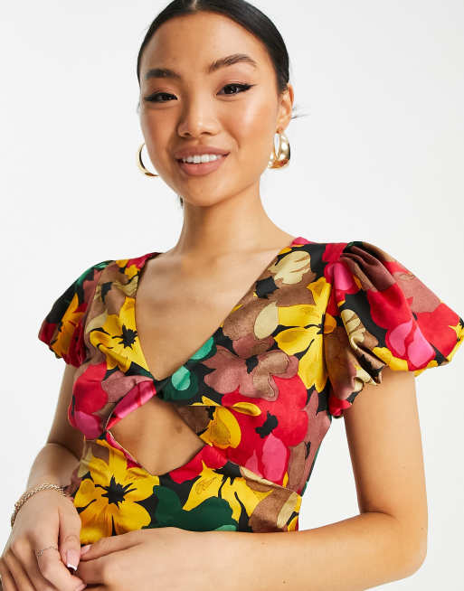 Topshop petite bold floral tie front mini dress in multi , 2 of 4