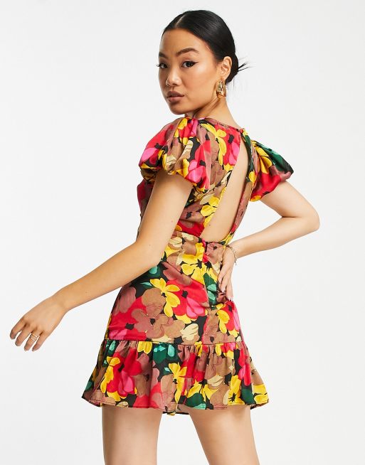 Topshop petite bold floral tie front mini dress in multi , 3 of 4