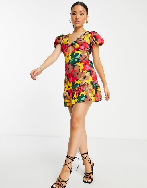Topshop petite bold floral tie front mini dress in multi , 4 of 4