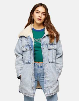 Topshop Petite borg collar longline denim jacket in acid blue wash - ASOS Price Checker