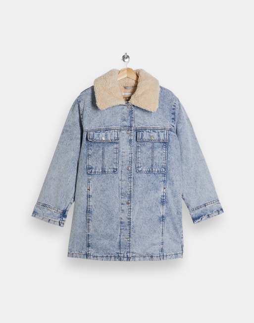 Topshop Petite borg collar longline denim jacket in acid blue wash