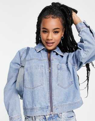 Topshop Petite boxy crop denim jacket in bleach