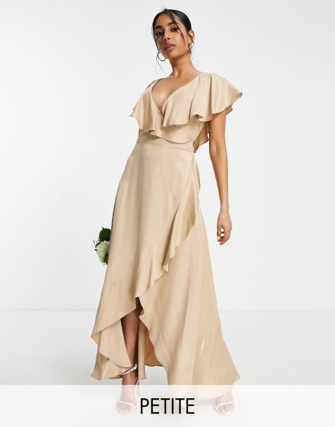 Topshop Petite bridesmaid satin frill wrap dress in gold - view 1