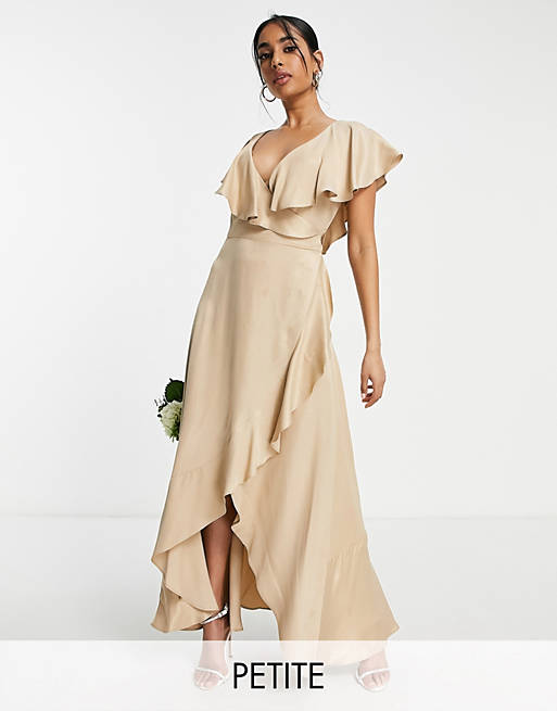 konstant Pearly Stereotype Topshop Petite bridesmaid satin frill wrap dress in gold | ASOS