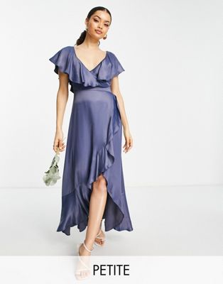 Topshop Petite bridesmaid satin frill wrap dress in navy - ASOS Price Checker