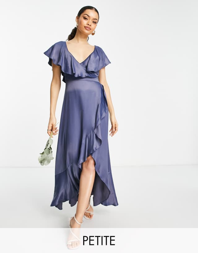 Topshop Petite bridesmaid satin frill wrap dress in navy