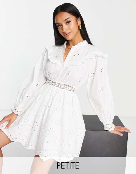 Topshop Petite broderie frill bib mini dress in white